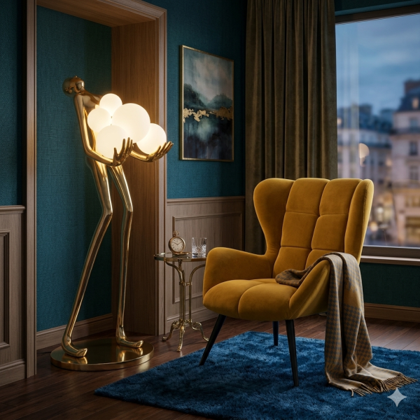 Lampa podłogowa WOMAN 180 cm – złota figura kobiety z białymi kloszami Step Into Design